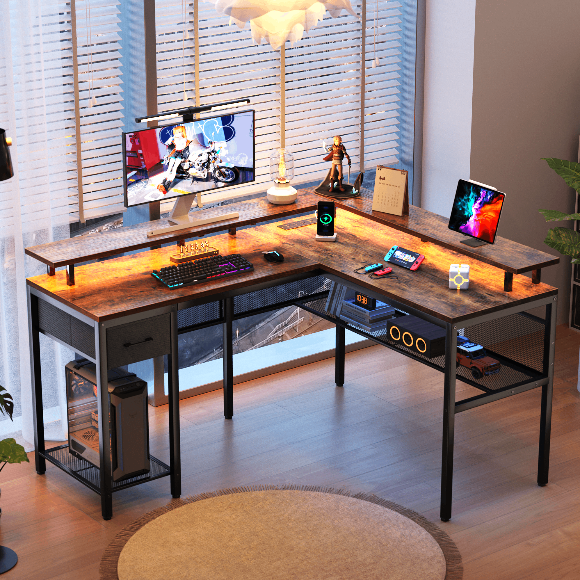 Huuger Scrivania Gaming 160 Cm Con Luci LED RGB E Cassetti: Postazione Di Lavoro E Gioco Con Prese Integrate