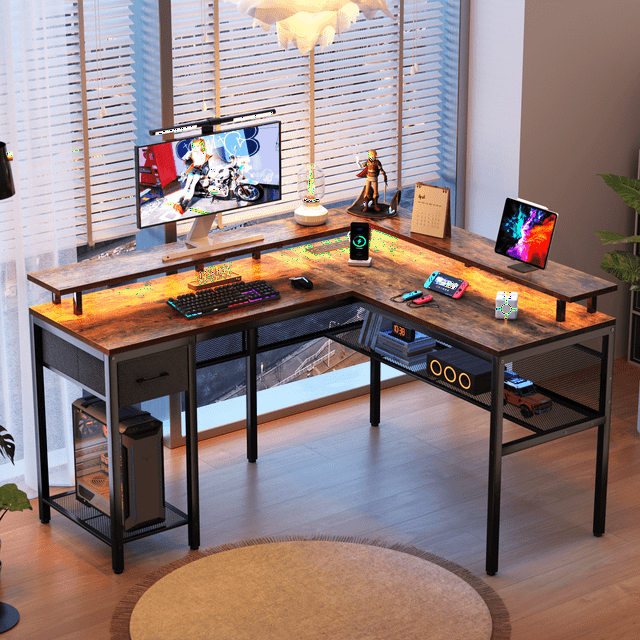 Huuger Gaming Desk With Led Lights And Power Outlets L Shaped Desk Computer Desk With Storage 1477