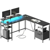 Huuger L Shaped Desk with Power Outlets & LED Lights, Reversible Computer Desk with File Cabinet & Storage Shelves, Corner Gaming Desk Home Office Desk, Black