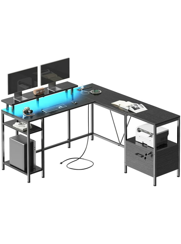Huuger L Shaped Desk with Power Outlets & LED Lights, Reversible Computer Desk with File Cabinet & Storage Shelves, Corner Gaming Desk Home Office Desk, Black