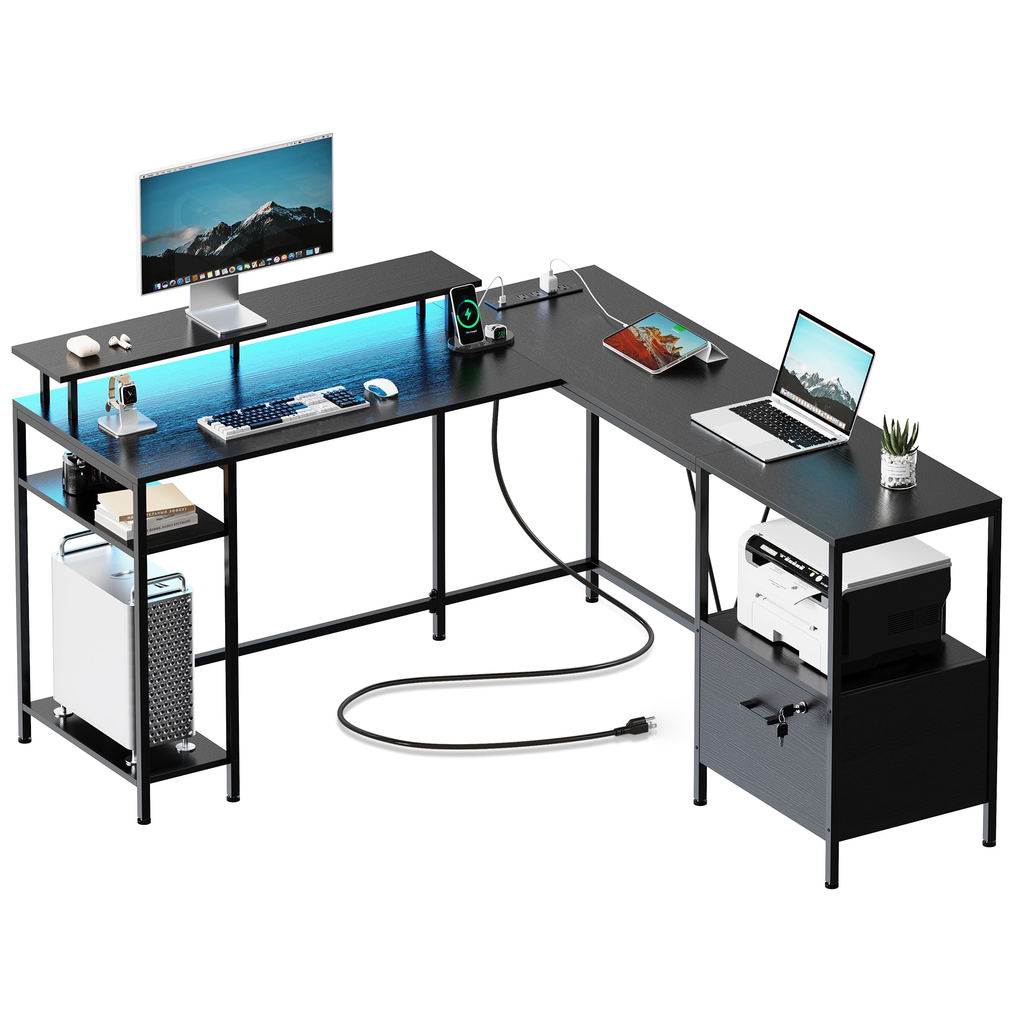 Huuger L Shaped Desk with Power Outlets & LED Lights, Reversible ...
