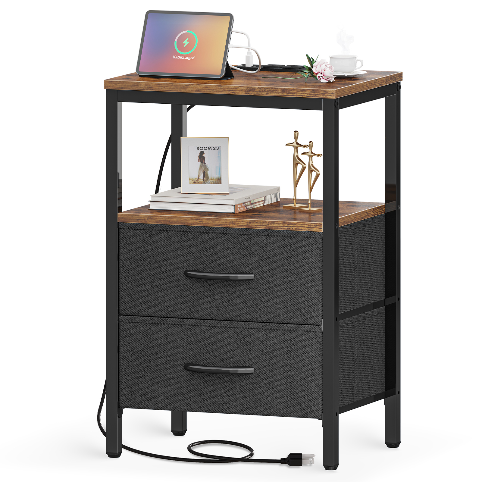 Nightstand with USB Ports Charging Station & LED Lights,Morden Night Stands with Hutch & 3