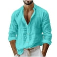 thumbnail image 1 of Huuilaibazoo Men Linen Shirt Button Down Long Sleeve Cotton Beach Band Collar Casual Summer Shirts, 1 of 5