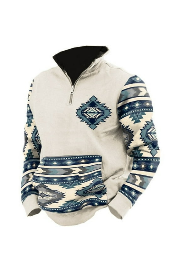 Men Quarter Zip Vintage Pattern Western Sweatshirt Long Sleeve Half Zip Pullover Long Sleeve Lapel Shirt