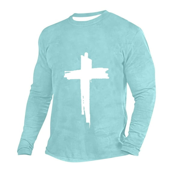 Huuilaibazoo Men's Long Sleeve Crewneck Graphic Tee Cross Print Christian Shirts Workout Shirts