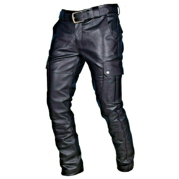 Huuilaibazoo Men`s Multi Pockets Motorcycle Workwear PU Faux Leather Cargo Pants