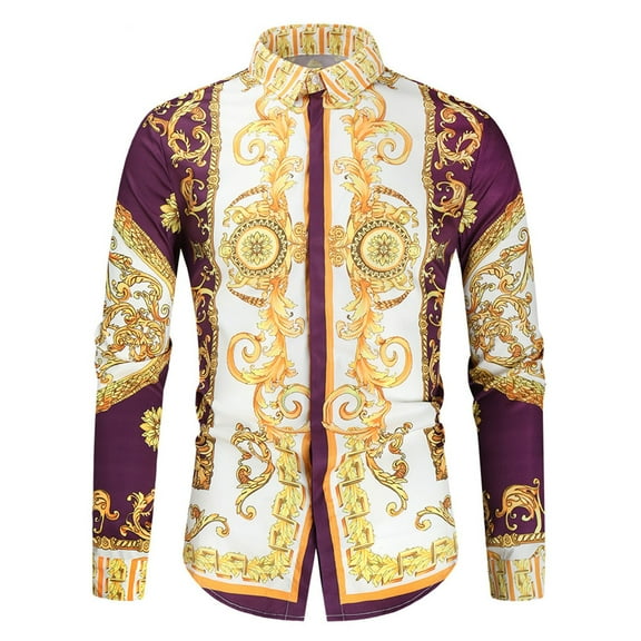Huuilaibazoo Men's Stylish Dress Slim Fit Shirts Pattern Printed Shirts Long Sleeve Lapel Neck Button Down Shirts