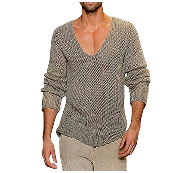 Huuilaibazoo Mens Deep V Neck Sweater Slim Fit Lightweight Knitted Pullover Stylish Sweater Muscle Long Sleeve Low Cut Vneck Tee