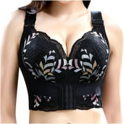 Huuilaibazoo Women's Plus Size Jacquard Longline Bra Front Closure Back Buckle Posture Correction Bra Push Up Lace Bustier