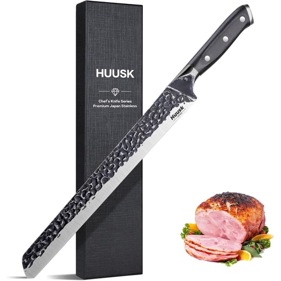 Huusk 11.5 Inch Hand Forged Slicing Knife for Meats, Ribs, Roasts - Brisket Carving Knife for BBQ