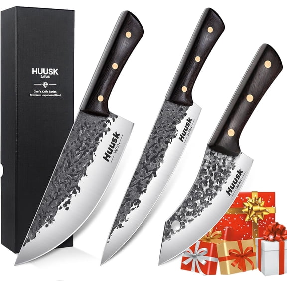Huusk 3PCS Hand Forged Chef Knife Set, High Carbon Steel Butcher Knife Set, Japanese Kitchen Knives for Home, Outdoor BBQ Camping Cooking, Gift Idea for Men