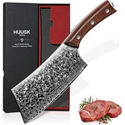 Huusk 6.4 Inch Meat Cleaver Knife, Hand Forged Butcher Knife, High Carbon Steel Japanese Style Kitchen Knife with Damascus Pattern for Cooking, Chopping and Gift Giving