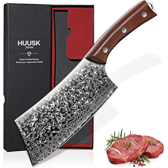 Huusk 6.4 Inch Meat Cleaver Knife, Hand Forged Butcher Knife, High Carbon Steel Japanese Style Kitchen Knife with Damascus Pattern for Cooking, Chopping and Gift Giving