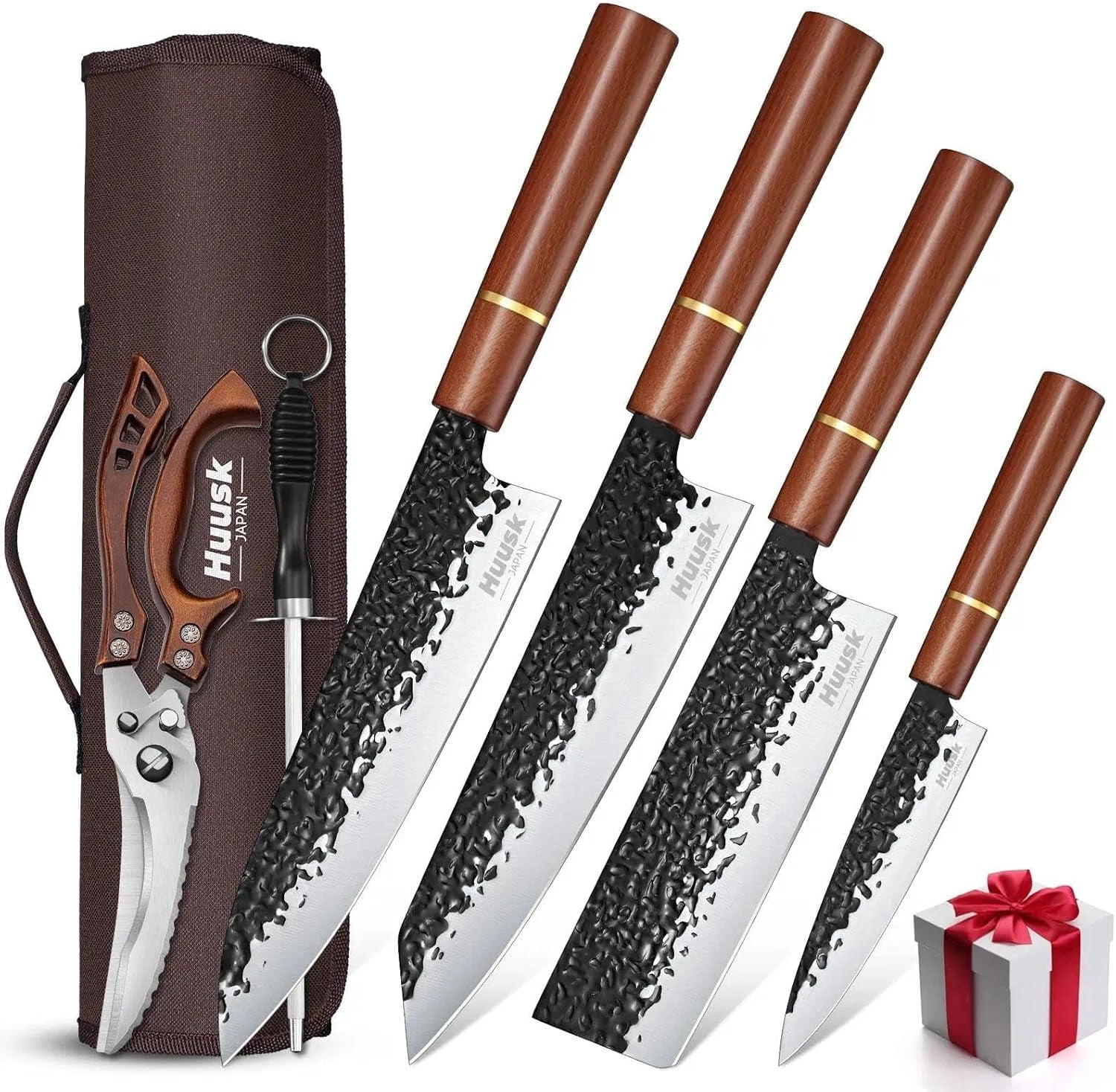 Huusk 6pcs  Knife Set with Covers - Professional Chef Knife Set with Bag & Sharpener, High Carbon Steel Forged Knives Sets with Scissors, Gifts for Men and Friend