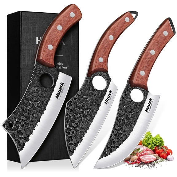 Huusk Butcher Knife Set of 3- Japanese Knife Set for Meat Cutting, Hand Forged Viking Knives Sets with Meat Cleaver, Heavy-Duty Kitchen Knives Sets for Bone BBQ Vegetable, Gifts for Men