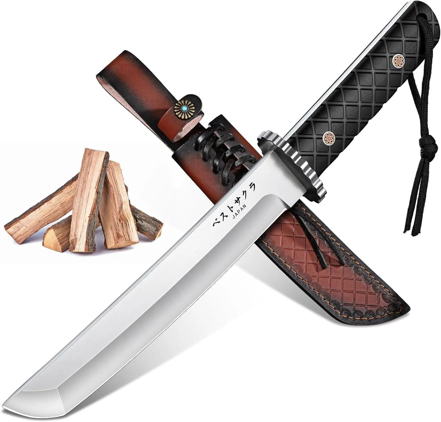 Huusk Fixed Blade Outdoor Knife with Sheath, Full Tang Tactical Knife with Wood Handle for Camping, Hiking, Fishing, BBQ and Outdoor Activities, Gift for Men