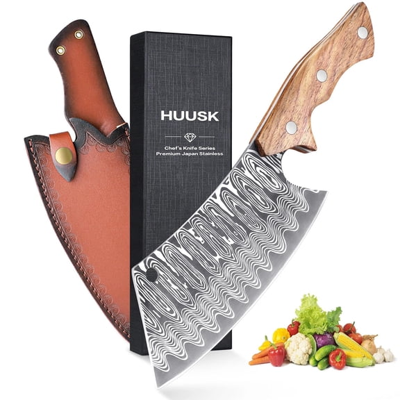 Huusk Hand Forged Meat Cleaver Knife, Japanese Chef Knives with Sheath, Cooking Butcher Knife for Meat Cutting, Vegetable Cleaver for Kitchen, Camping, Gift for Men and Women