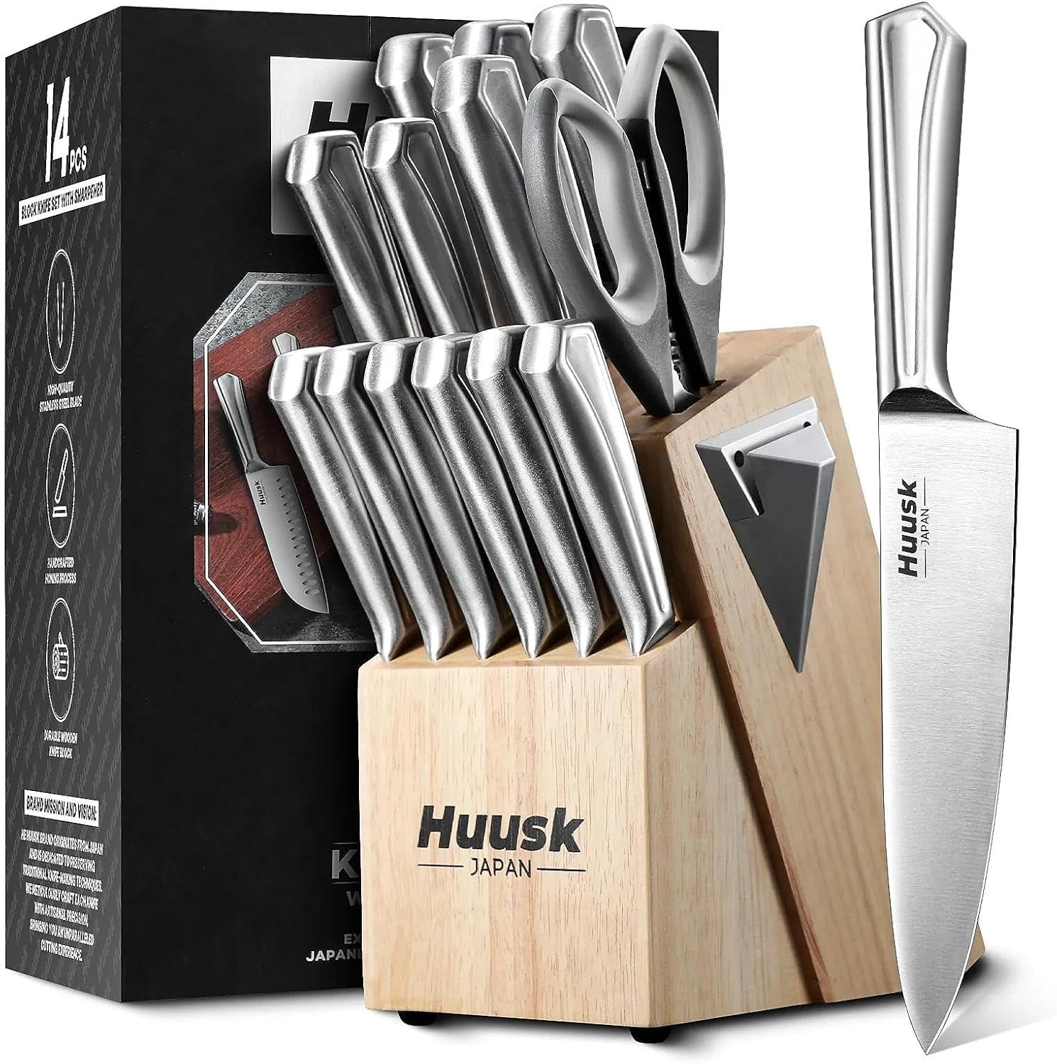 Huusk Kitchen Knife Block Set - 14 Pieces Kitchen Knife Set with Built-in Sharpener, Stainless Steel Knife Set with Ergonomic Handle, Professional Knives Set Festival Gift for Men and Women