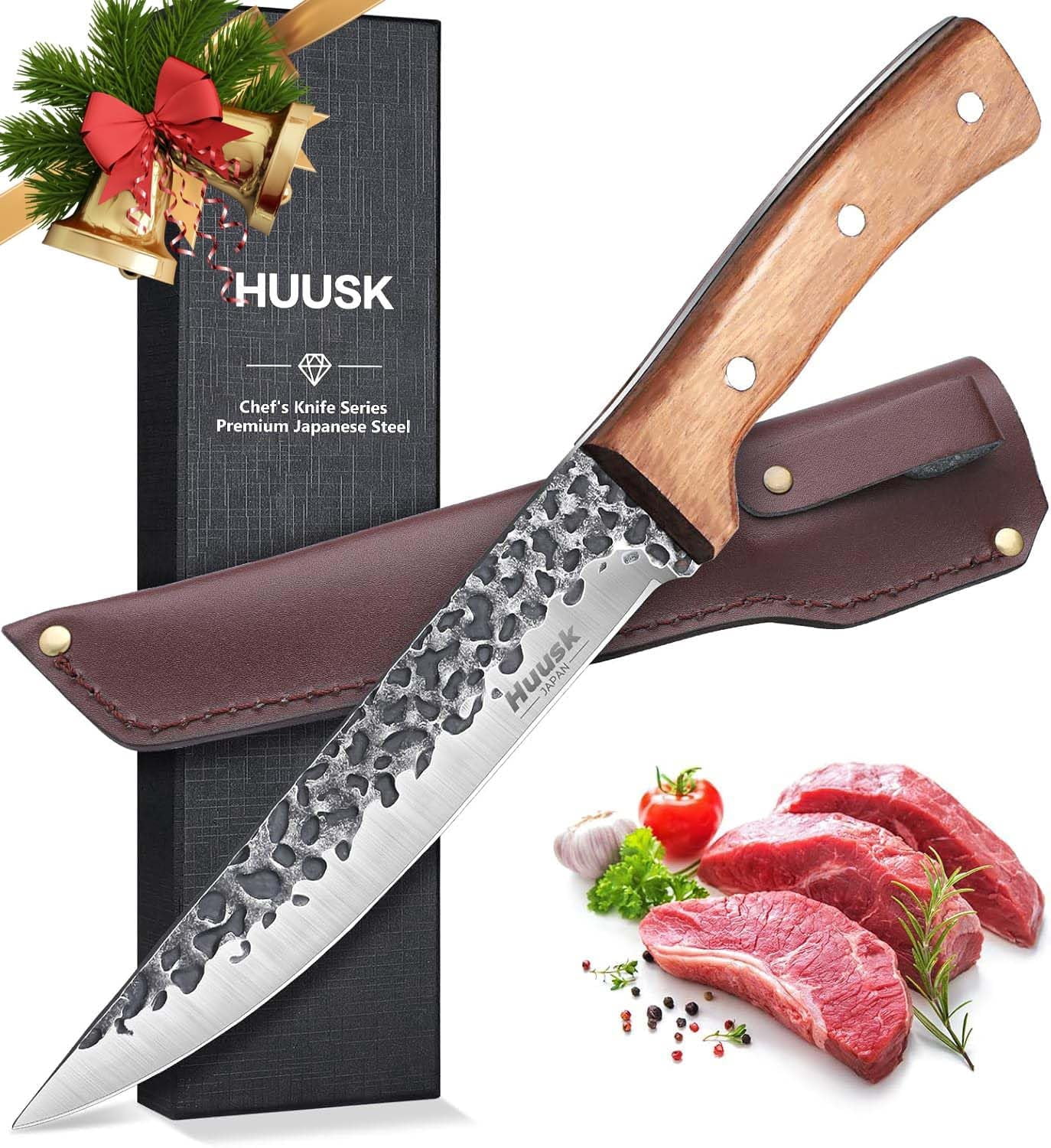 Huusk Knives from Japan, Boning Knife for Meat Cutting 6 inch, Butcher Knife for Brisket Trimming, Viking knives with Sheath, Full Tang Kitchen Utility Knife, Gift for Fathers and Mothers