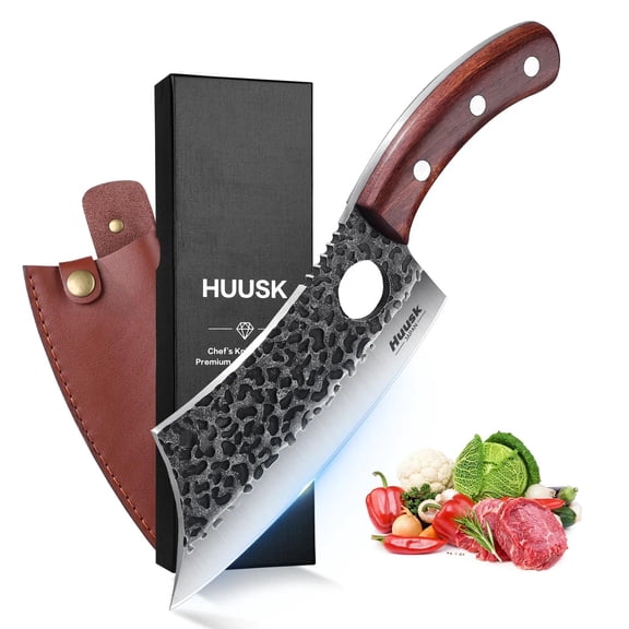 Huusk Meat Cleaver Knife, Hand Forged Butcher Knife for Meat Cutting, Full Tang Viking Knives with Sheath, Japanese Chef Knives for Outdoor Cooking, Camping, BBQ, Christmas Gift for Man and Women