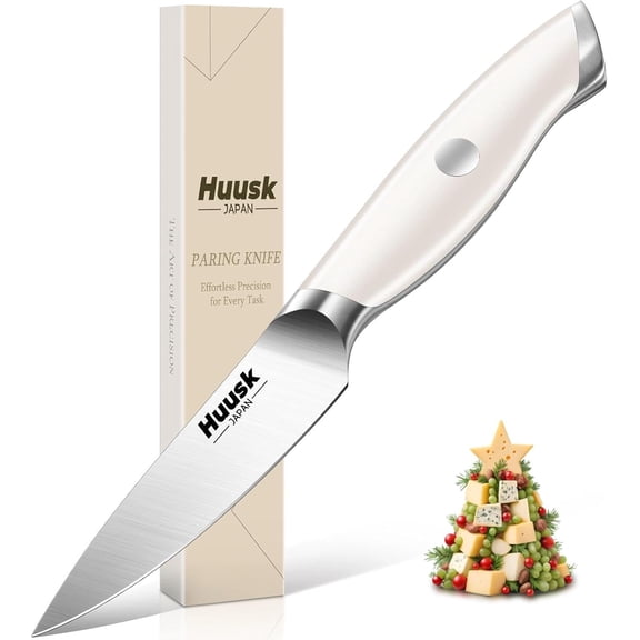 Huusk Paring Knife Ultra Sharp, 3.5" Small Kitchen Knife with Ergonomic Ivory White Handle Well-balanced Vegetable Fruit Knives for Peeling Coring Cutting Present Gift to Men Women