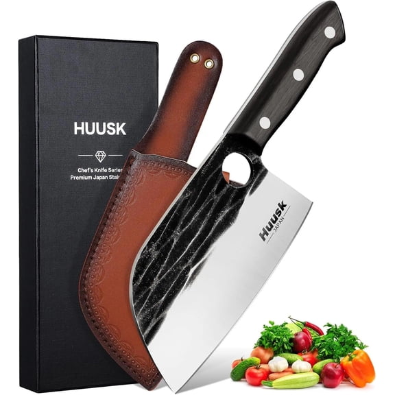 Huusk Serbian Chef Knife Hand Forged Meat Cleaver with Sheath High Carbon Steel Full Tang Knife Heavy Duty Butcher Knife for Kitchen or Camping Outdoor Christmas Gift for Men and Women