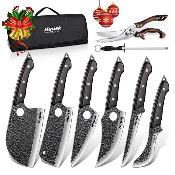 Huusk Serbian Chef Knife Set - 6Pcs Hand Forged Butcher Knife Set for Meat Cutting, Viking Boning Knives with Bag for Kitchen Outdoor BBQ Camping, Birthday Gift Idea Men Y101