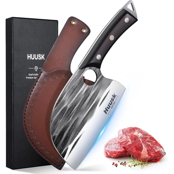 Huusk Upgraded Serbian Chef Knife - Forged Butcher Knife with Sheath, Japanese Meat Cleaver for Meat Cutting Heavy Duty Chopping Knives for Outdoor Cooking, Camping, Gifts for Men and Women