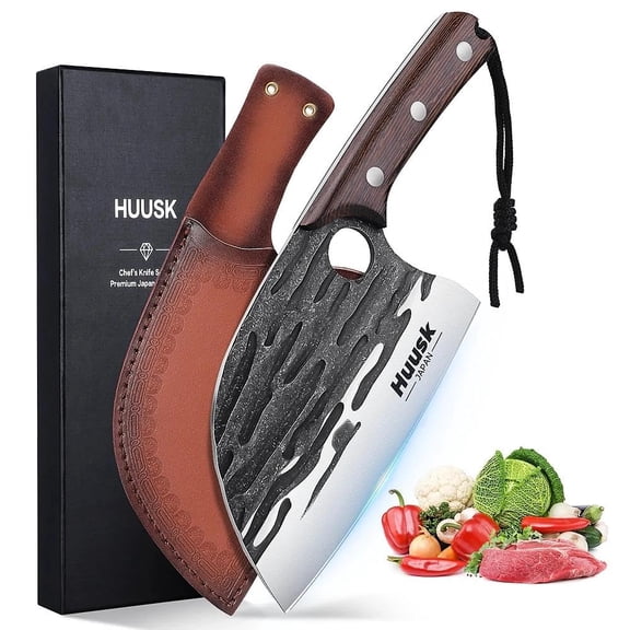 Huusk Upgraded Serbian Chef Knife-Japanese Meat Cleaver Knife for Meat Cutting Forged Butcher Knives with Sheath Full Tang Kitchen Chopping Knives for Home, Outdoor Camping, Gift for Men and Women