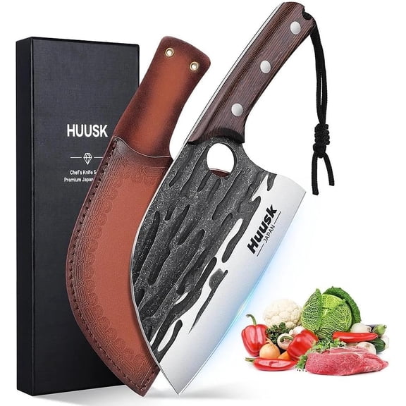 Huusk Upgraded Serbian Chef Knife-Japanese Meat Cleaver Knife for Meat Cutting Forged Butcher Knives with Sheath Full Tang Kitchen Chopping Knives for Home, Outdoor Camping, Gift for Men and Women