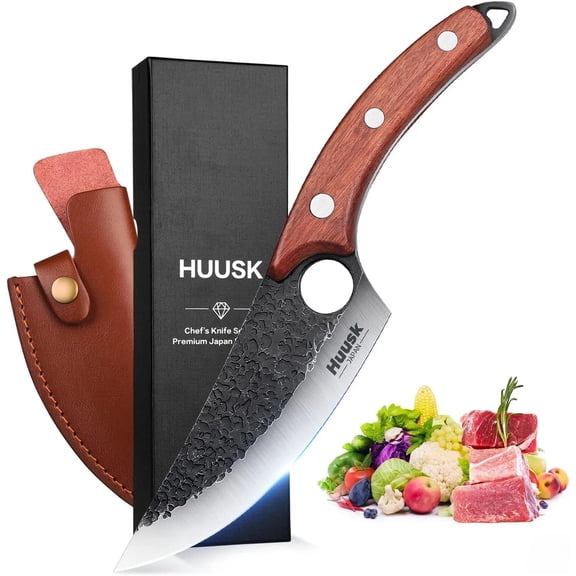 Huusk Viking Knives Hand Forged Boning & Chef Knife - Full Tang Japanese Blade with Sheath - Butcher Meat Cleaver - Camping & Kitchen Christmas Gifts for Men and Women
