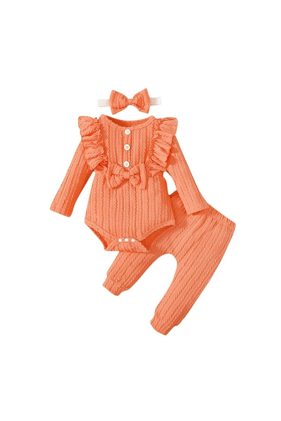 Baby Boys Girls Fall Winter Tops & Pants Set Fashion Girls' Casual Long Sleeve Tops Round Neck Collar Botton Solid Long Pants Sets Orange 18 months