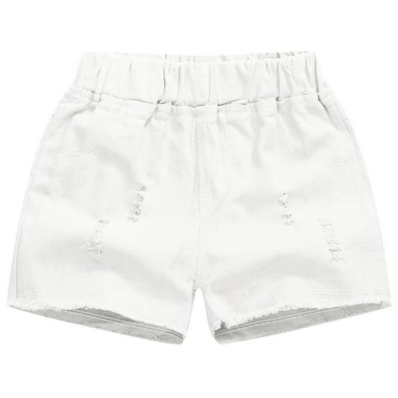 Huvoen Big Boy's Casual Shorts Spring and Summer Cute Solid Girls Breaking Hole Pocket Elastic Waist Comfy Shorts Jeans White 4 Years