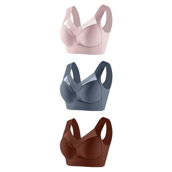 Huvoen Bras for Women Underwire 3PC Women without Underwire Underwear Thin Lace Solid Color Push-up Adjustment Bra Brown 5xl
