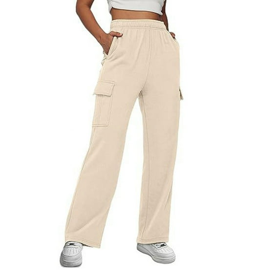 Huvoen Cargo Sweatpants for Women Casual Loose Baggy Fleece Sweat Pant High Waisted Wide Leg Joggers Pants with Pockets 2025 Beige s