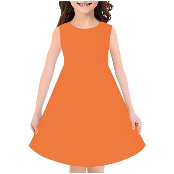 Huvoen Casual Spring Dresses for Toddler Girls New Cute Girl's Summer Dress Round Neck Solid Color Sleeveless A-Line Casual Dresses Orange 140