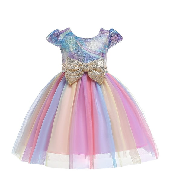 Huvoen Cute Dresses for Women Summer Toddler Girls Color Net Yarn Sequins Bowknot Mesh Birthday Party Kids Formal Princess Dresses Pinks 7-8 Years