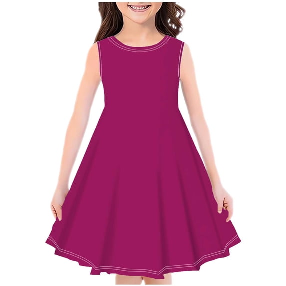 Huvoen Girls Crew Neck Sleeveless Casual A-Line Swings Dress Toddler Summer Sundress Red 140
