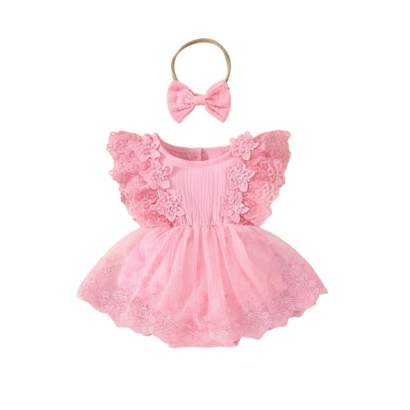 Huvoen Girls' Dresses Girls' Summer New Short Sleeve Ruffled Lace Embroidery Mesh Princess Bow Skirt Crawling Suit Pinks 6