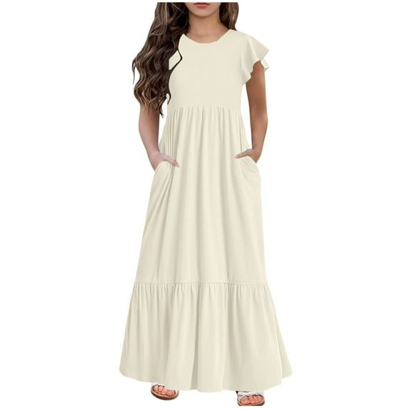 Huvoen Girls Dresses Size 10-12 Fashion Girls Summer New Short Sleeves Round Neck Solid Color Dress Beige 150