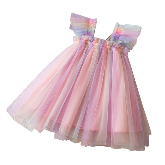 Huvoen Kids Dress Girls' Summer New Sleeveless Ruffled Lace Round-Neck Embroidery Mesh Princess Bow Skirt Pinks 1 Years