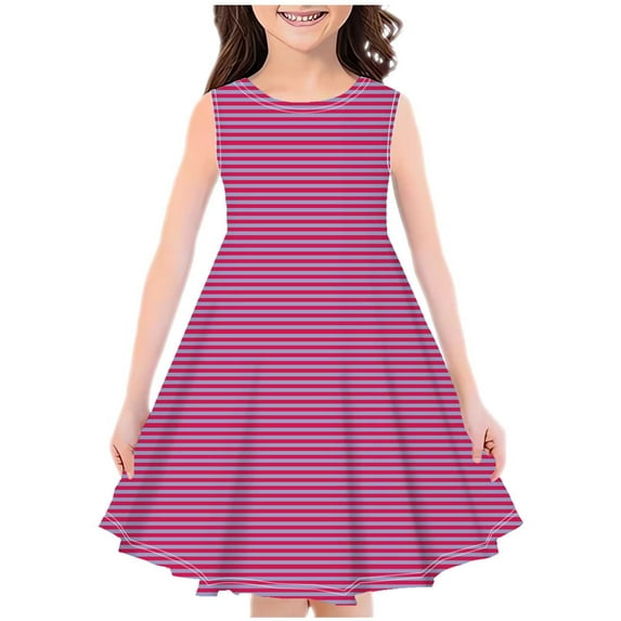 Huvoen Little Girl Dresses Fashion Girls Summer New Sleeveless Round Neck Printed Dress Pinks 150