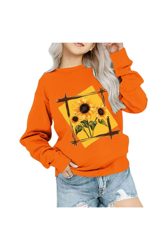 Long Sleeve Layering Tee Tops for Girls Hoodless Sweatshirts Children's Shirt Long Sleeved Pattern T-shirt Printed Round Neck Short Top for Boys and Girls Aged 1-12 T-shirts Orange 3 Years
