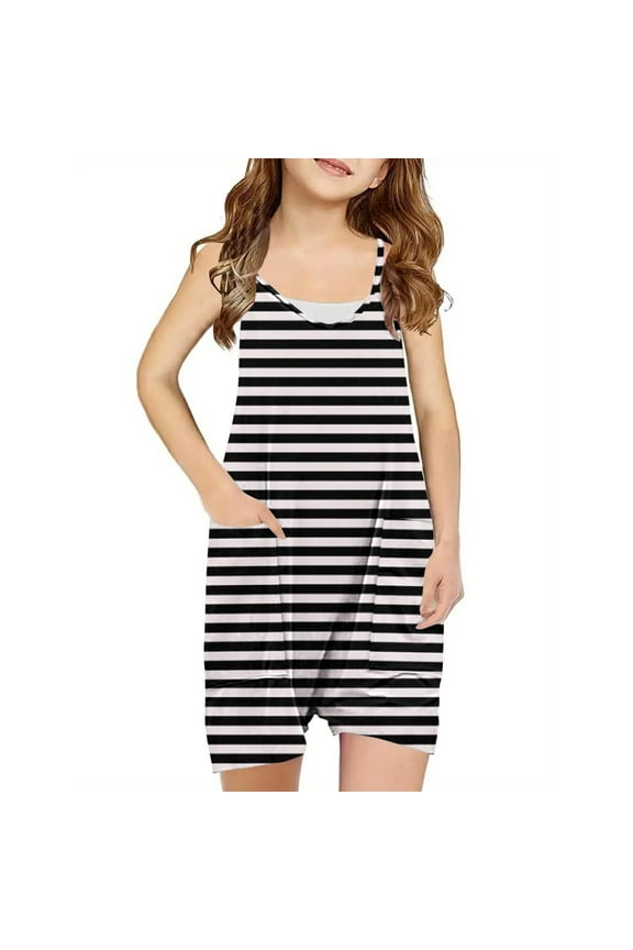 Summer Boys Shorts Girls Summer Sleeveless Casual Romper Spaghetti Strap Shorts Jumpsuit with Pockets Black 9 Years