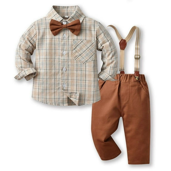 Huvoen Toddler Baby Boy Girl Solid Color Sweatsuits Children's Boys Fashion Stripe Set Shirt Strap Pants 2-piece Set Long Sleeve Round Neck Top/Shirt Set Coffee 150