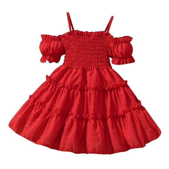 Huvoen Toddler Baby Girl Summer Boho Spaghetti Strap Ruffled Lace Dress Cold Shoulder Princess Dresses Red 100