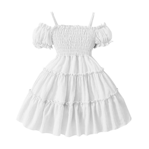Huvoen Toddler Baby Girl Summer Boho Spaghetti Strap Ruffled Lace Dress Cold Shoulder Princess Dresses White 110