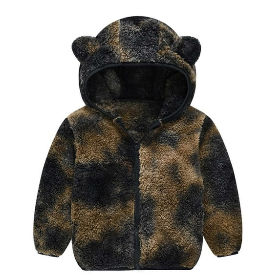 Huvoen Toddler Baby Plaid Jacket Toddler Baby Boys Girls Solid Color Plush Cute Bear Ears Winter Hoodie Thick Coat Jacket Brown 18 Months