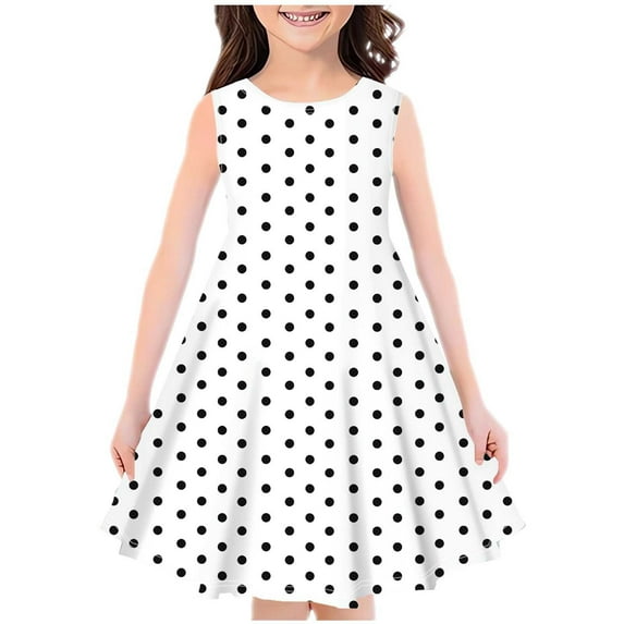 Huvoen Toddler Flower Girl Dress Fashion Girls Summer New Sleeveless Round Neck Printed Dress White 110
