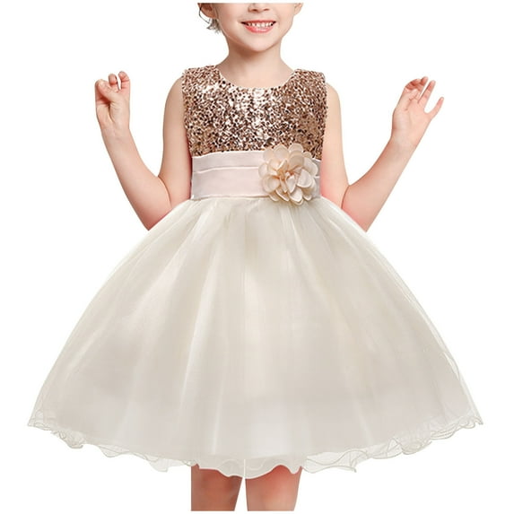 Huvoen Toddler Girl Dress Girls' Summer New Sleeveless Ruffled Lace Round-Neck Embroidery Mesh Princess Bow Skirt White 5 Years